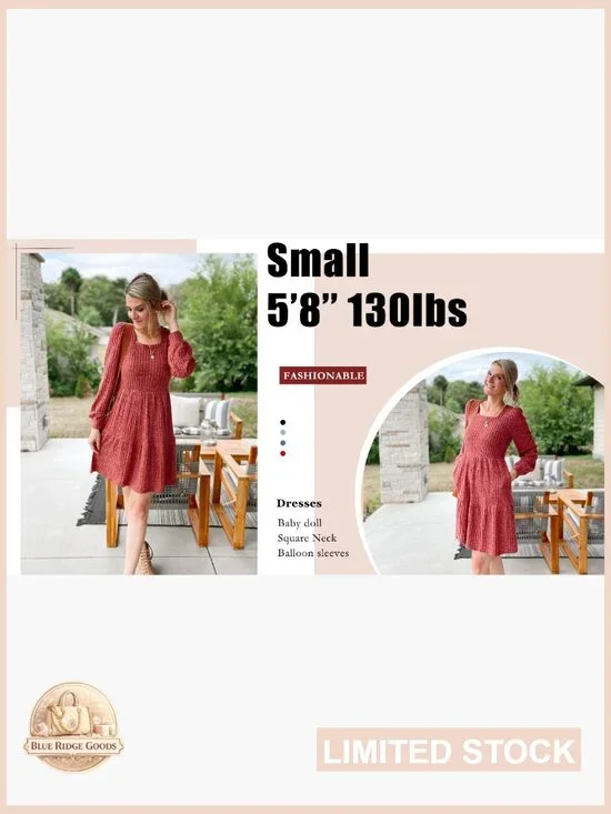 Square Neck Babydoll Sweater Dress Long Sleeve Flowy Casual Fall Fashion - Picture 6 of 7